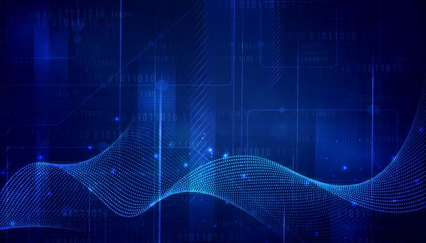 Digital technology data blue background, online cyber media algorithm, abstract wave futuristic circuit tech, innovation future, internet network connection, Ai big data, hi-tech illustration vector