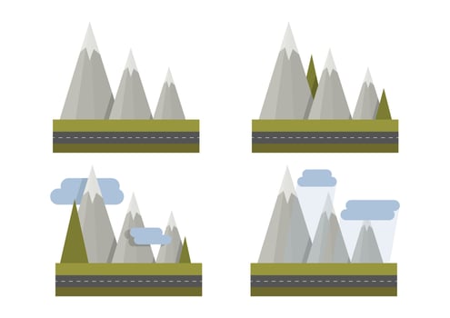 Set of simple geometric gray mountains with clouds and rain vector