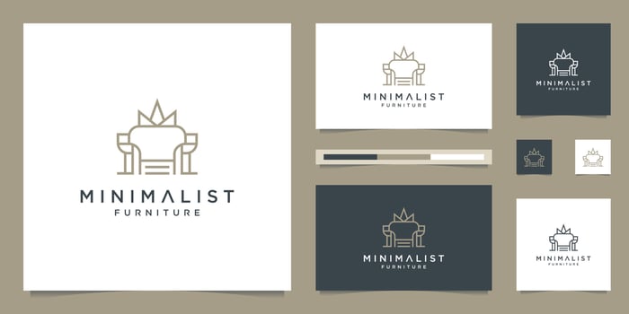 Premium furniture logo design. Luxurious interior design line sofa chairs and crown. vector