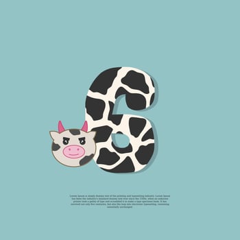 cow skin number 6 with cute cow sticker doodle icon vector