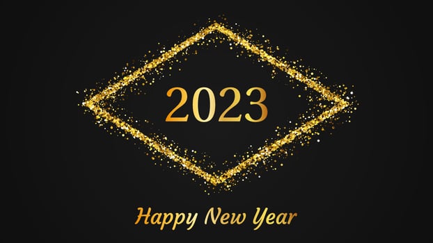 2023 Happy New Year background. Gold inscription in a gold glitter rhombus for Christmas holiday greeting card, flyers or posters. Vector illustration