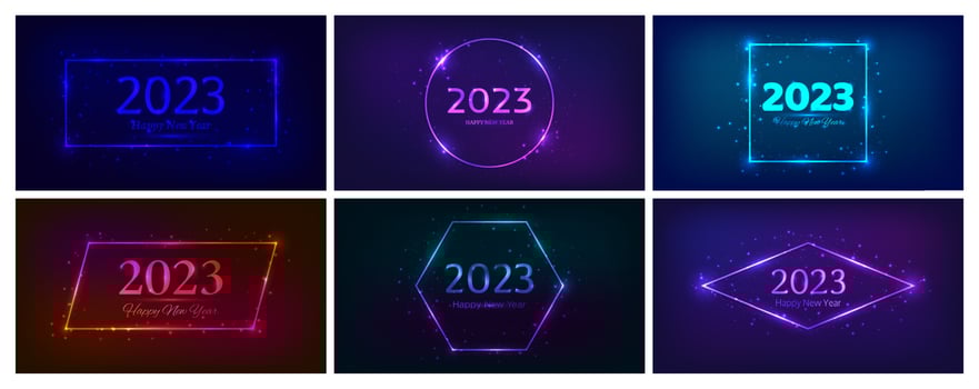 2023 Happy New Year neon background. Set of neon backdrops with circle frames with shining effects and sparkles and inscription Happy New Year. Dark background for Christmas holiday vector
