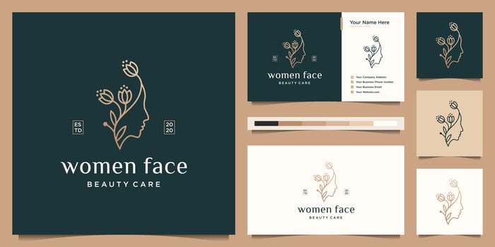 Beauty woman's face flower with line art style logo and business card design. feminine design concept for beauty salon, massage, magazine, cosmetic and spa. vector