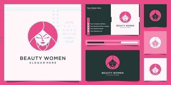 Feminine women face beauty logo design and business card. vector