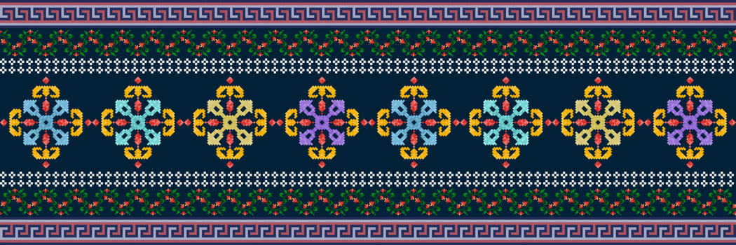 Ikat pixel paisley ethnic seamless pattern decoration design. Aztec fabric carpet boho mandalas textile wallpaper. Tribal native motif ornaments African American folk traditional embroidery vector