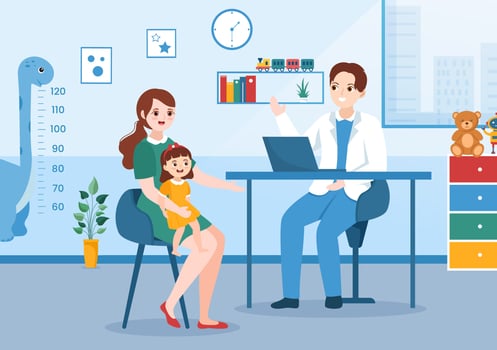 Pediatrician Examines Sick Kids and Baby for Medical Development, Vaccination and Treatment in Flat Cartoon Hand Drawn Templates Illustration vector