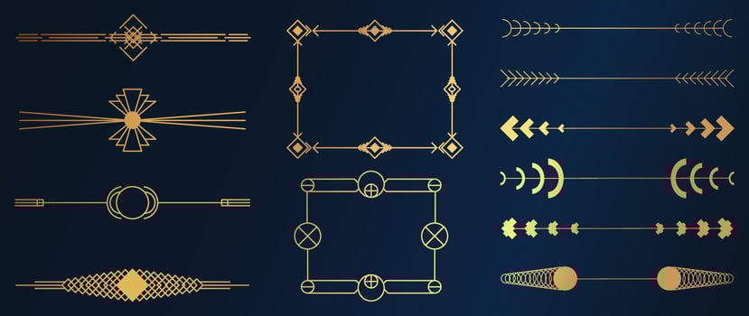Collection of geometric art deco ornament. Luxury golden decorative elements with different lines, frames, headers, dividers and borders. Set of elegant design suitable for card, invitation, poster. vector