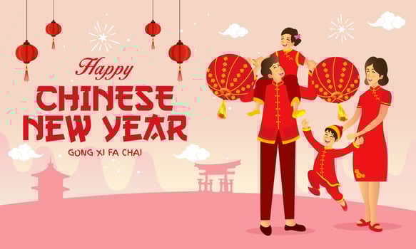 Happy chinese new year greeting card. Vector illustration an chinese family playing chinese lanterns celebrating chinese new year