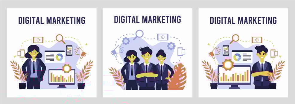 Digital marketing strategy team. Content manager. Flat cartoon character graphic design. Landing page template banner flyer poster web page vector