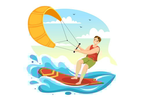 Kitesurfing Illustration with Kite Surfer Standing on Kiteboard in the Summer Sea in Extreme Water Sports Flat Cartoon Hand Drawn Template vector
