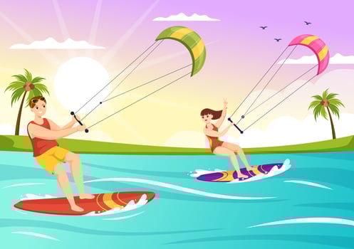 Kitesurfing Illustration with Kite Surfer Standing on Kiteboard in the Summer Sea in Extreme Water Sports Flat Cartoon Hand Drawn Template vector