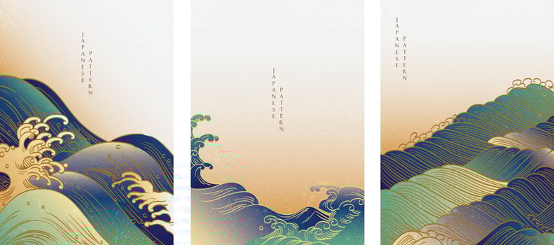 Japanese background with Hand drawn wave pattern vector. Abstract template with line pattern. Ocean sea design in vintage style. vector