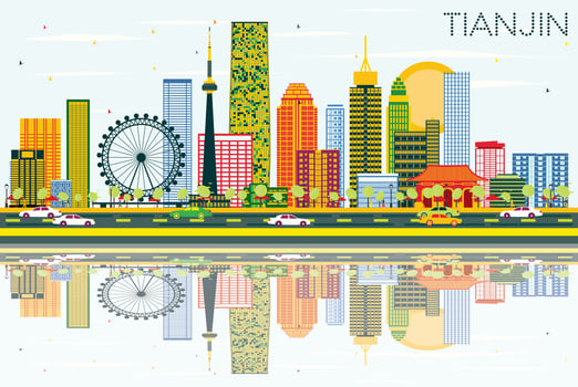 Tianjin Skyline with Color Buildings, Blue Sky and Reflections. vector