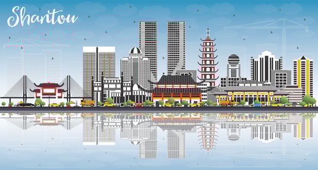 Shantou China Skyline with Gray Buildings, Blue Sky and Reflections. vector