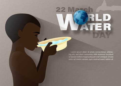 African boy drinking water from blow with wording of world water day, example texts on gray paper pattern background. . Poster campaign of world water day in paper cut style and vector design.