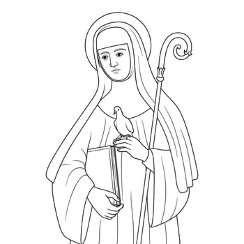 Saint Scholastica of Nursia Vector Illustration Outline Monochrome