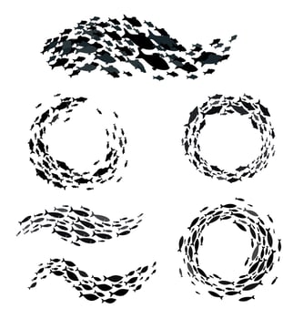 Shoal and fish school silhouette, sea fishes group vector