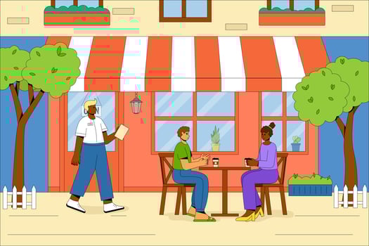 People relax and drink coffee outdoors. The building of the summer cafe with outdoor tables and chairs. The waiter carries the menu. concept of a summer cafe. Flat illustration. vector
