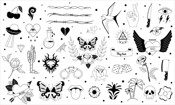 Set of tattoo in y2k, 1990s, 2000s style. Emo goth element design with flaming hearts, knife, rose, flower, butterfly, fire, skull. Old school tattoo. Vector illustration