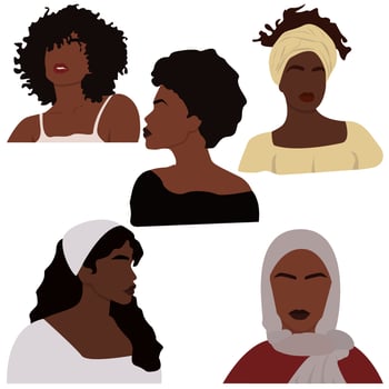 Set of abstract black women characters. Contemporary portraits. Boho Afro-American female. Modern style background for art print, poster, card, decor, tote bag. EPS 10 vector