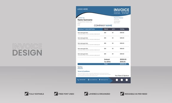 minimal Business invoice form template. Invoicing quotes, money bill, Tax form, payment receipt, price invoices and payment agreement design template vector
