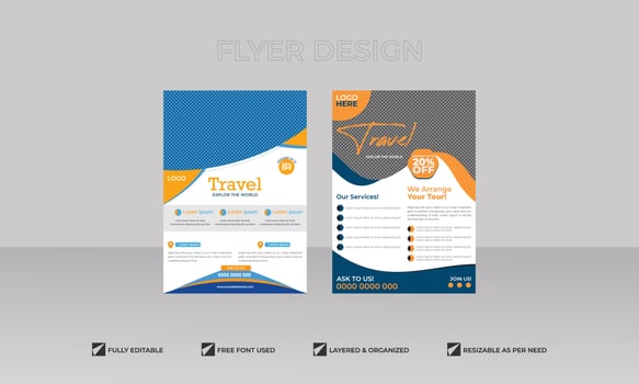 Travel poster or flyer brochure design layout space for photo background. Yellow Travel flyer template for travel agency vector