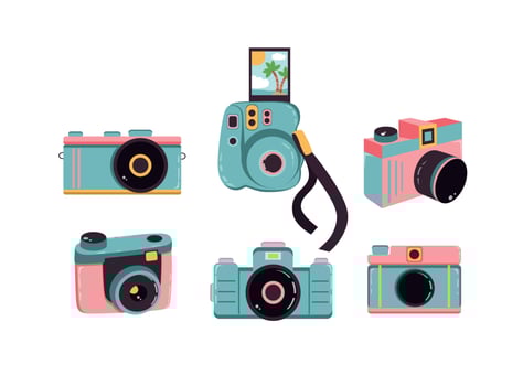 Vector illustration graphics set of different camera cameras stickers icons blue pink color