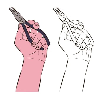 The hand holds the pliers for work. The concept of working with pliers. vector