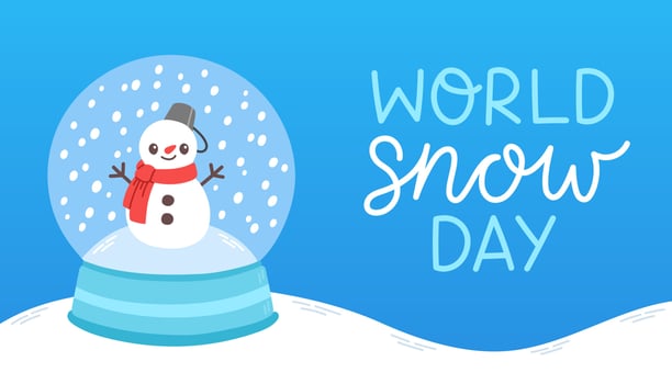 World Snow Day. Christmas snow ball with little snowman and snowflakes. Flat design vector