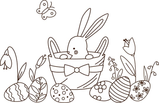 Easter bunny in a basket, eggs and flowers outline doodle black and white vector illustration for coloring pages or Easter cards design.