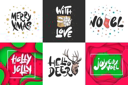 Vector collection of greeting cards, stamps, stickers and posters with hand drawn lettering and engraved illustrations. Sketch set Christmas and New Year holiday. Detailed vintage etching drawing.