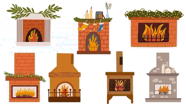 Christmas fireplace collection. Home fireplaces with socks, stockings, gifts, candles, firs and Xmas decoration. Warm cozy hearths with winter holiday decor. Vector illustrations isolated on white