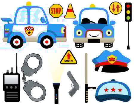 Vector cartoon set of funny police car with police's equipment