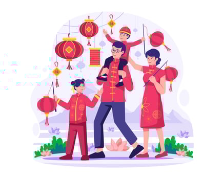 The Asian Family in traditional dress celebrates the Chinese new year. The parent and his children taking a walk. Dad holds the son on his shoulders. Vector illustration