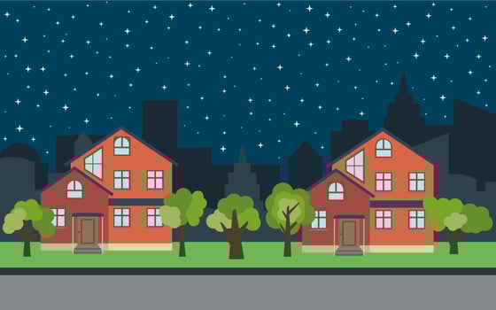 Vector city with two two-story cartoon houses and green trees at night. Summer urban landscape. Street view with cityscape on a background