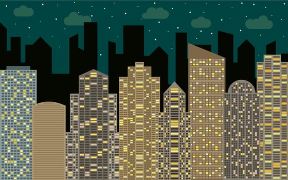 Night urban landscape. Street view with cityscape, skyscrapers and modern buildings at sunny day. City space in flat style background concept. vector