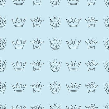Hand drawn crowns. Seamless pattern of simple graffiti sketch queen or king crowns. Royal imperial coronation and monarch symbols. Black brush doodle isolated on blue background. Vector illustration.