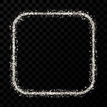 Silver glitter frame. Square with rounded corners frame with shiny sparkles on dark transparent background. Vector illustration