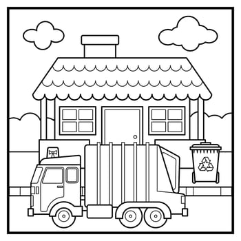 Coloring page of garbage truck vector