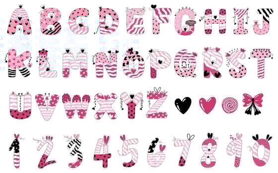 Vector collection Valentines alphabet design in pink tones. On a white background for Valentine's Day theme decorations, card design, stickers, digital prints, bag patterns, scrapbook and more.