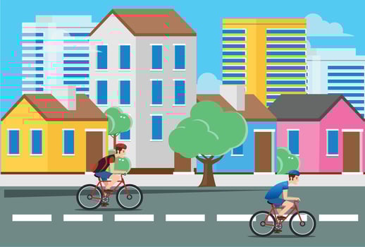 flat illustration of a young man riding a cycle on the streets with urban scenery can use for web landing, vector illustration