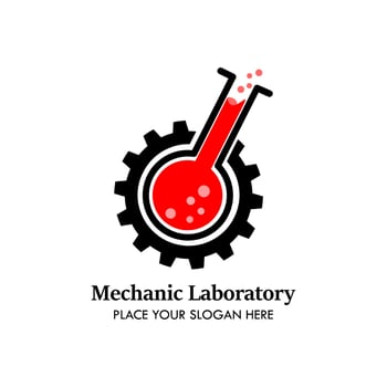 Mechanic laboratory  logo design template illustration. there are  beaker, gear. this is good for science, factory, mechanic, laboratory, research, industrial, automotive, biology etc vector