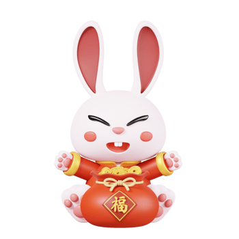Rabbits in traditional clothing and lucky bag full of gold ingots isolated. Chinese new year elements icon. 3D illustration. Text Lucky png