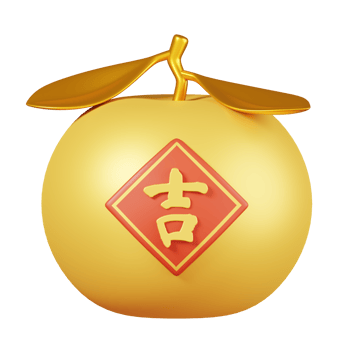Golden mandarin orange with sign isolated. Chinese new year elements icon. 3D illustration. Text Lucky png