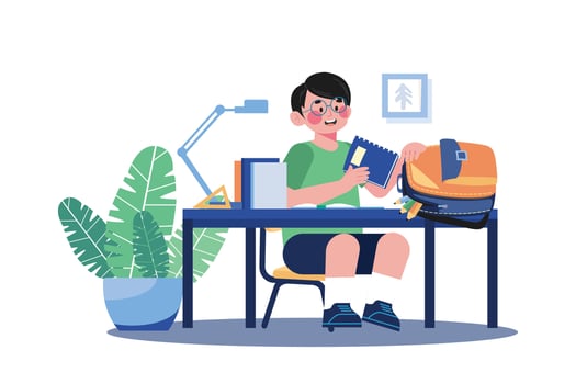 Boy Putting Books In School Bag vector