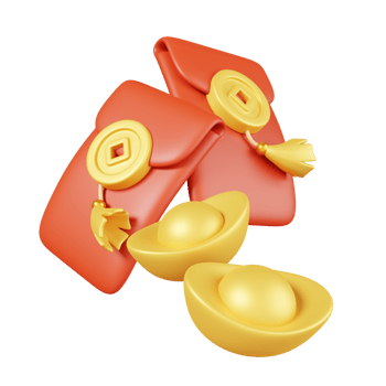 Angpao aka. CNY red envelopes and gold ingots isolated. Chinese new year elements icon. 3D illustration png