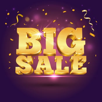3d vector golden text Big Sale with confetti on purple background