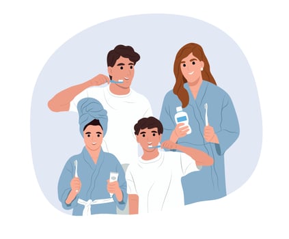 World Oral Health Day. Young smiling parents and children take care of their teeth and oral cavity. The family takes care of the health of their teeth and gums. Vector flat illustration