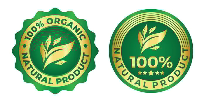 Organic natural herbal badge logo vector with green and gold color for product label