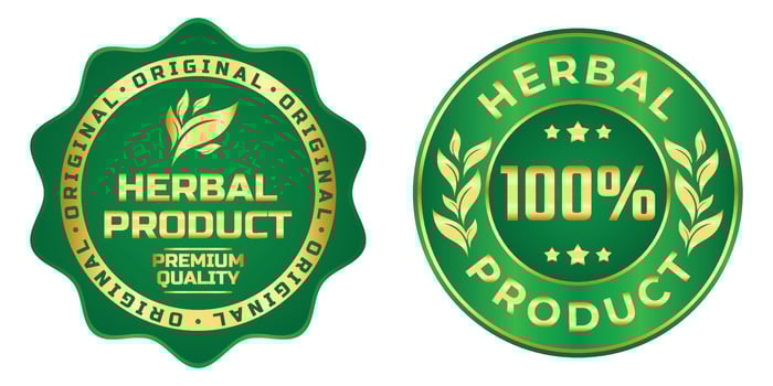 Organic natural herbal badge logo vector with green and gold color for product label
